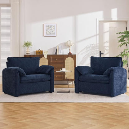 Oversized Accent Chair for Living Room, 41.73" Modern Armchair Set of 2 with Deep Seat, Mid-Century Comfy Reading Chair with Padded Arms, Large Chenille Single Sofa Chairs for Bedroom, Blue