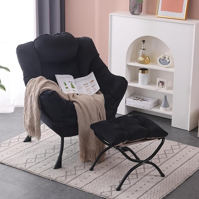 Lazy Chair with Ottoman, Modern Accent Chair Contemporary Lounge Leisure Sofa Chair with Armrests, Reading Chair and Folding Footstool Set for Living Room, Bedroom, Office, Velvet Black