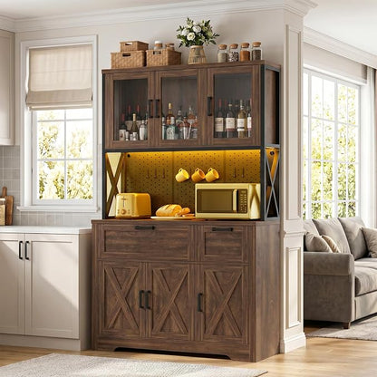 Unikito 71" Tall Pantry Cabinet, Kitchen Pantry Storage Cabinet with Charging Station & LED Lights, Large Microwave Stand Coffee Bar Hutch with Drawers & DIY Pegboard for Dining Room, Weathered Brown