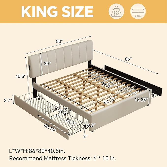 King Size Upholstered Platform Bed with 4 Storage Drawers | 4 Storage Drawers, USB/Type-C Charging,APP-Controlled LED Lights,No Box Spring Needed,Beige Chenille Fabric,Easy to Assemble