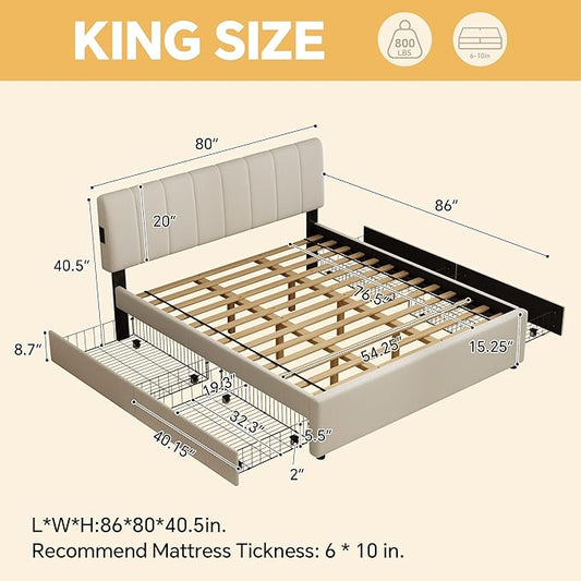 King Size Upholstered Platform Bed with 4 Storage Drawers | 4 Storage Drawers, USB/Type-C Charging,APP-Controlled LED Lights,No Box Spring Needed,Beige Chenille Fabric,Easy to Assemble