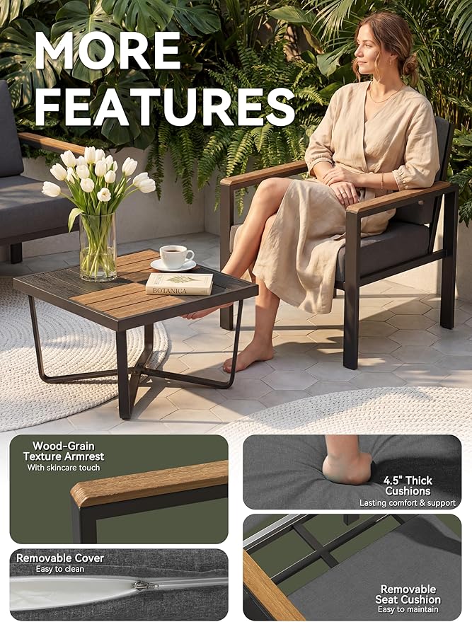 5-Piece Patio Furniture Set with Fire Pit Table & Coffee Table & Removable Washable Cushions, All-Weather Metal Frame and Wood-Like Armrests for Porch, Garden, Balcony,Black