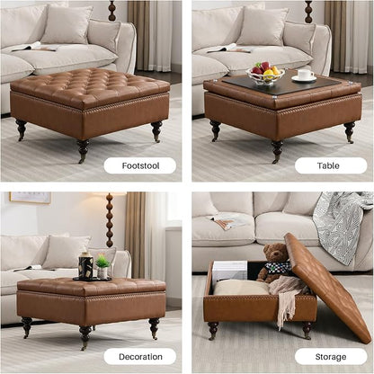 Large Square Storage Ottoman Uphlostered Tufted Button Coffee Table, Oversized Footrest Bench with Castered Rolling Wheels for Living Room, Brown Faux Leather