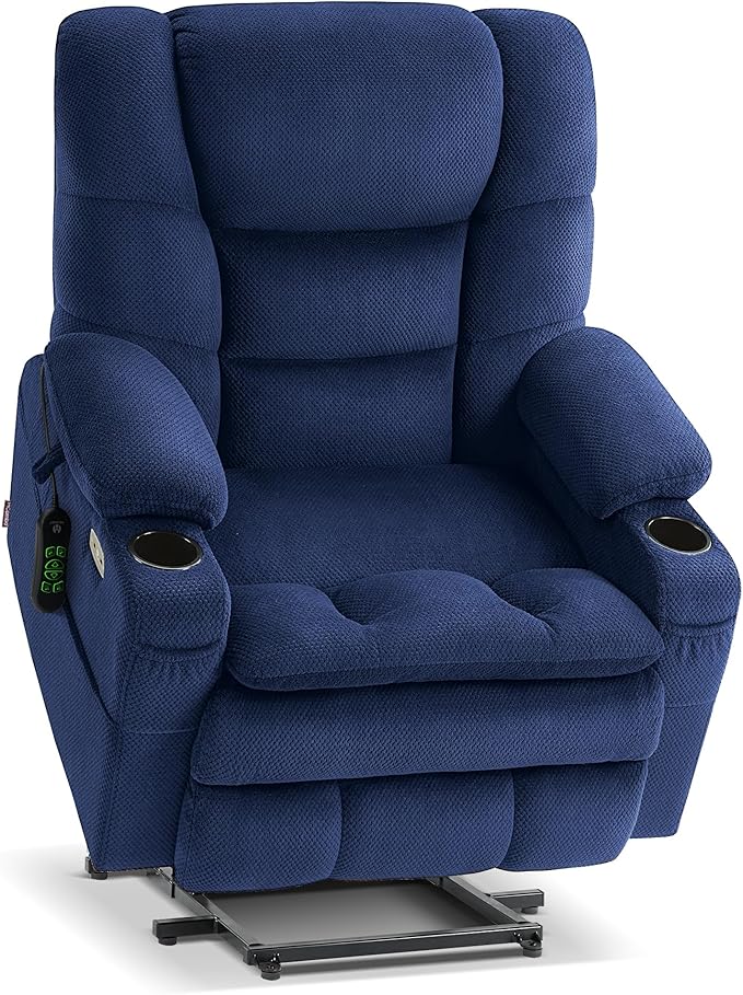 MCombo Big Man Power Lay Flat Lift Chair, Triple Motor Power Lift Recliner with Massage & Dual Heating, Adjustable Headrest, Fabric R7524 (Navy Blue, Medium-Wide)