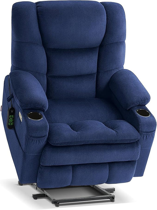 MCombo Big Man Power Lay Flat Lift Chair, Triple Motor Power Lift Recliner with Massage & Dual Heating, Adjustable Headrest, Fabric R7524 (Navy Blue, Medium-Wide)