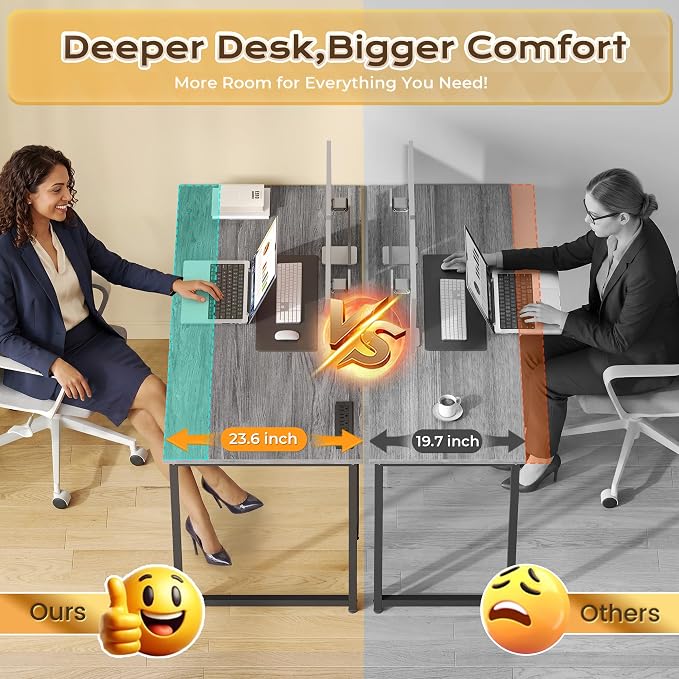 PRAISUN 47 X 24 Inch Deeper Desk with Power Outlets | Computer Desk for Bedroom, Office Desk for Work from Home, Writing Study Gaming Table, Stable Metal Frame, Grey