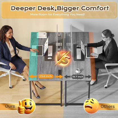 PRAISUN 47 X 24 Inch Deeper Desk with Power Outlets | Computer Desk for Bedroom, Office Desk for Work from Home, Writing Study Gaming Table, Stable Metal Frame, Grey