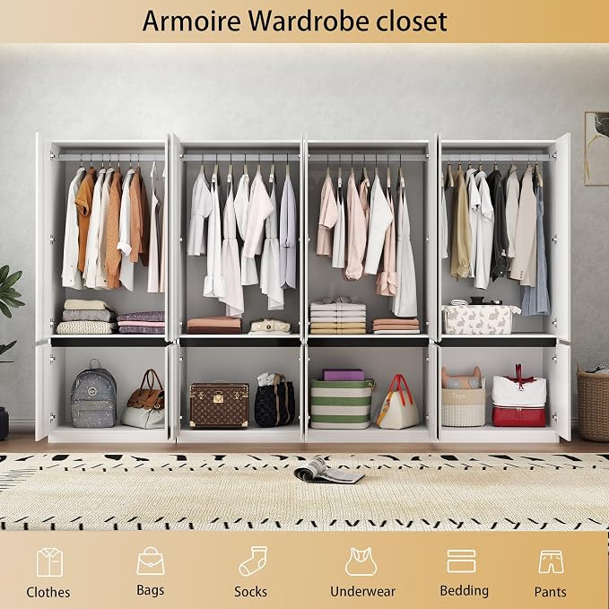 Bedroom Armoire Wardrobe Closet with 8 Doors: 75" White Wardrobe Cabinet for Clothes, Wooden Closet with Hanging Rod, Modern Armoire with Shelves (4)