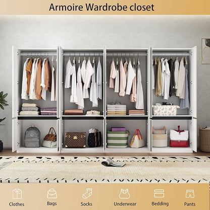 Bedroom Armoire Wardrobe Closet with 8 Doors: 75" White Wardrobe Cabinet for Clothes, Wooden Closet with Hanging Rod, Modern Armoire with Shelves (4)