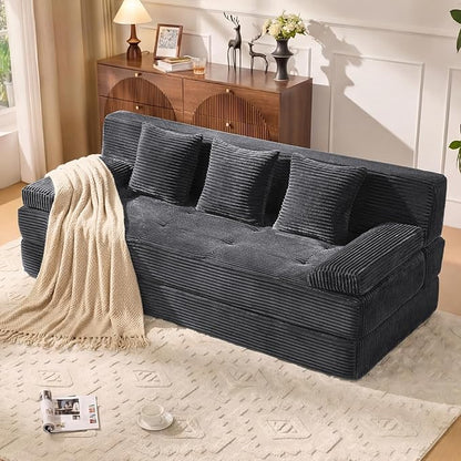 78.7IN Folding Sofa Bed - Convertible Sleeper Sofa Couch with Zippered Pillows, 3 Seater Couches Bed for Living Room, Bedroom, Apartment, No Assembly Required, Freestanding, Corduroy, Gray