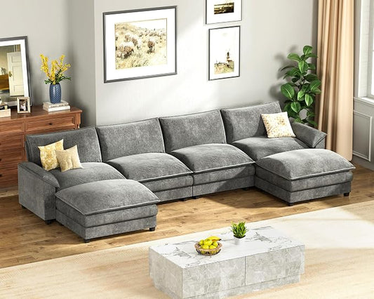 Homall 159" Modular Sectional Sofa, U Shaped Sofa Couch with Reversible Ottoman, DIY Combination Chenille Deep 4-Seat Cloud Couch for Living Room, Apartment (Light Grey, U Shaped Sofa)