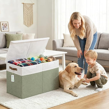 Bagnizer Large Toy Storage Box with Lids, Collapsible Sturdy Baby Storage Organizer Chest Bin Basket for Kids, Boys, Girls, Playroom, Nursery, Bedroom, Closet 25"x13"x16" (Green and White)