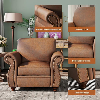 Couchus Vintage Accent Chair with Rivet Decoration, Traditional Upholstered Armchair, Living Room Chair, Rustic Single Sofa Chair for Bedroom, Reading Room & Office(Caramel Rust, Single)