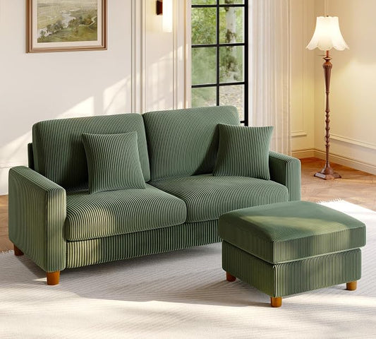 Welzona 70.2" Couches for Living Room, Comfy L Shaped Couch Green 7.1" Thicker Cushion, Sofas for Living Room Tool-Free Setup, Loveseat with Ottoman 705lbs Support, Corduroy Couch for Bedroom, Office