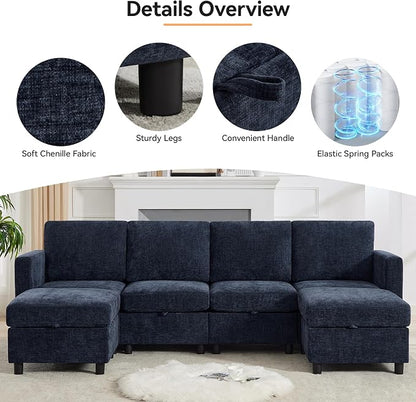 WUTUTUEE 58'' Modular Sectional Loveseat Sofa with Storage, Comfy Office L Shaped Sofa Couch, Chenille Love Seat Modular Sectional Couch with Movable Ottoman for Living Room, Bedroom, Navy