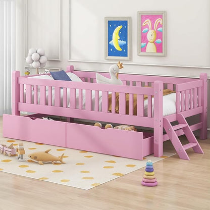 Merax Wood Twin Size Platform Bed with Guardrail and 2 Drawers, Kids Bed Frame with Stairs, Pink