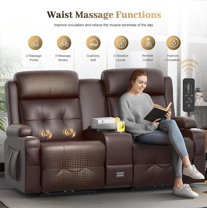Reclining Loveseat, 1 Massage Loveseat Recliner Sofa Heavy Weight Capacity, RV Love Seat Clearance with Console, USB, Type C Port, Storage, Cup Holders, 2 Single Power Recliner Chairs Heat & Massage