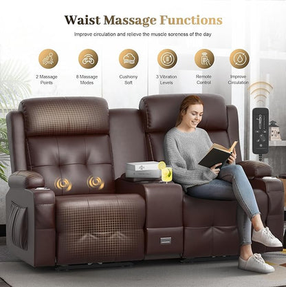 Reclining Loveseat, Massage Loveseat Recliner Sofa Heavy Weight Capacity, RV Love Seat Chair Clearance with Console, USB, Type C Port, Storage, Cup Holders, Wall Hugger Couch (Brown, 2+1)