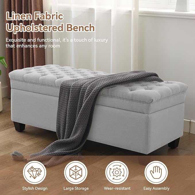 WUTUTUEE 51" Fabric Storage Ottoman Bench, Upholstered Rectangle End of Bed Storage Ottoman Tufted Living Room Bedroom Bench with Safety Hinge, Solid Wood Legs, Loads 500 lb(Light Grey)