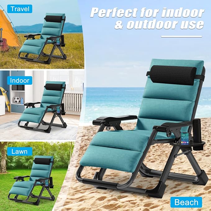 Zero Gravity Chair, Lawn Recliner, Reclining Patio Lounger Chair, Folding Portable Chaise with Detachable Soft Cushion, Cup Holder, Headrest