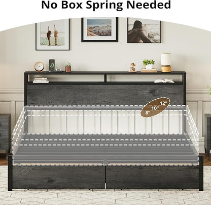 LIKIMIO California King Bed Frame with Storage Headboard, Platform Bed with Drawers and Charging Station, No Box Spring Needed, Easy Assembly, Charcoal Grey