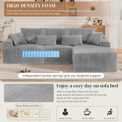 110" L Shaped Cloud Boneless Sectional Couches for Living Room, Modern Comfy Modular Deep Seat Memory Foam Compressed Corduroy Sofa Oversized Right Facing Chaise, No Assembly Required, Grey