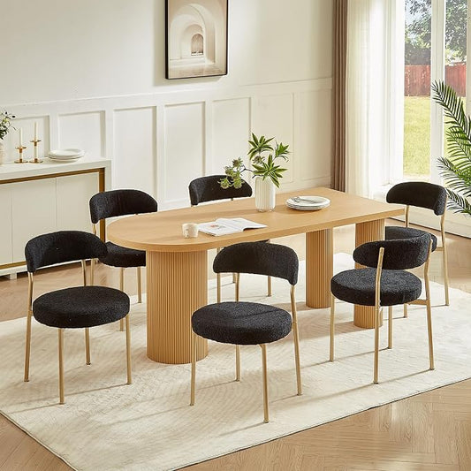 SoarFlash Dining Chairs, Black Boucle Dining Chairs Set of 6, Kitchen Dining Room Chairs Curved Backrest Upholstered Mid Century Modern Chairs with Golden Metal Legs