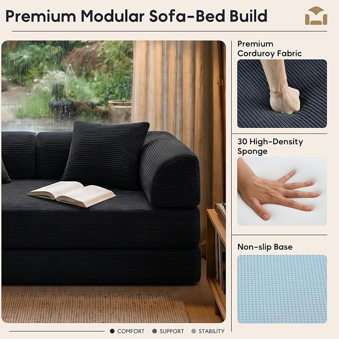 ZEIINPA 59“ Convertible Floor Sofa Bed, 5-in-1 Futon Sofa Bed Modular Sleeper Couch, Corduroy Pull Out Loveseat with Curved Armrest, Boneless Couches for Living Room, No Assembly Required, Black