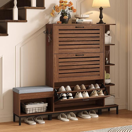 Maupvit Narrow Shoe Cabinet with Bench for Entryway, 3 Flip Louvered Doors & Side Storage Cabinet, 44" H Shoes Organizer with Upholstered Seat & Hooks for Front Door Entrance, Walnut
