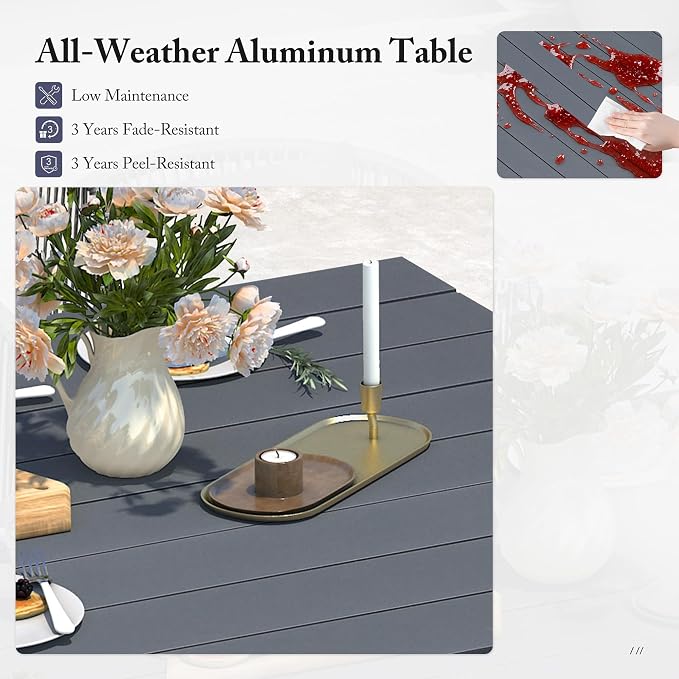 PURPLE LEAF 9 Pieces Patio Dining Set Wicker Outdoor Furniture Rectangular Table and Chairs Set for Garden Deck Aluminum Frame Backyard Kitchen Set, Cushions and Pillows Included Grey