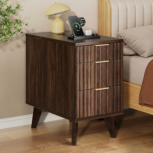 Kalrin Narrow Nightstand with Hidden Outlets & USB Ports, Modern Fluted Bedside Table with 3 Drawers, Engineering Wooden End Tables for Bedroom and Living Room(Vintage Brown)