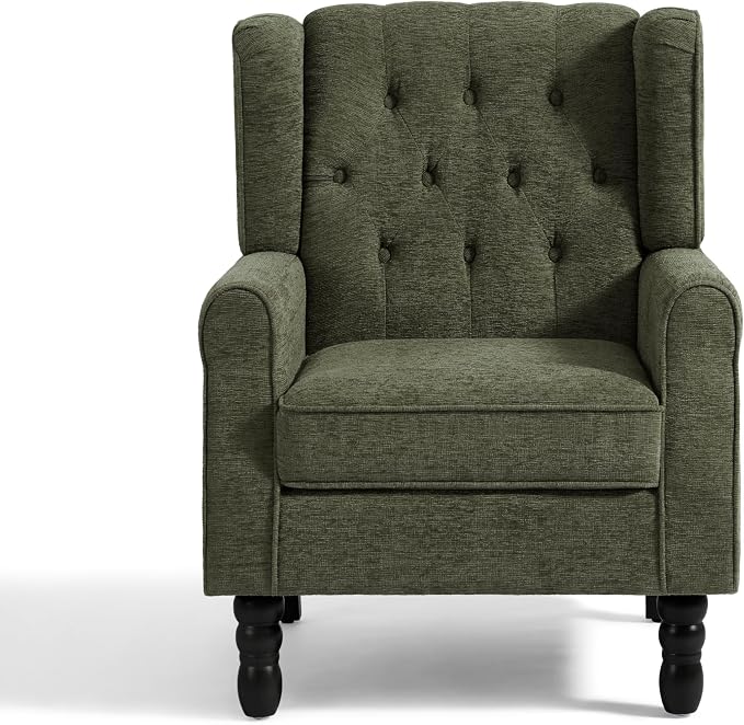 High Back Accent Chair, Fabric Upholstered Armchair Wingback Chair for Living Room, Comfy Single Sofa Solid Wood Legs Bedroom Side Reading Seat - Olive Green