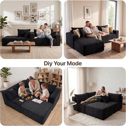 Claiks 104" Boneless Couch, Cloud Couch Sectional, L-Shape Corduroy Modular Sectional Sofa Deep Seat, Upholstered Couches for Living Room, No Assembly Required, Black