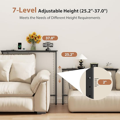 GRLEAF 45" Adjustable Height Narrow Console Table with Power Outlets, Long Sofa Table with Charging Station Behind Couch Table Skinny Entryway Table for Living Room, Hallway and Office – Black