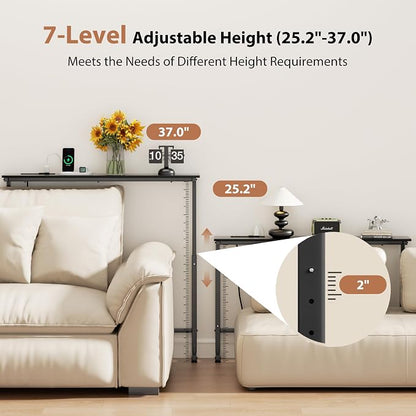 GRLEAF 39" Adjustable Height Narrow Console Table with Power Outlets, Long Sofa Table with Charging Station Behind Couch Table Skinny Entryway Table for Living Room, Hallway and Office – Black