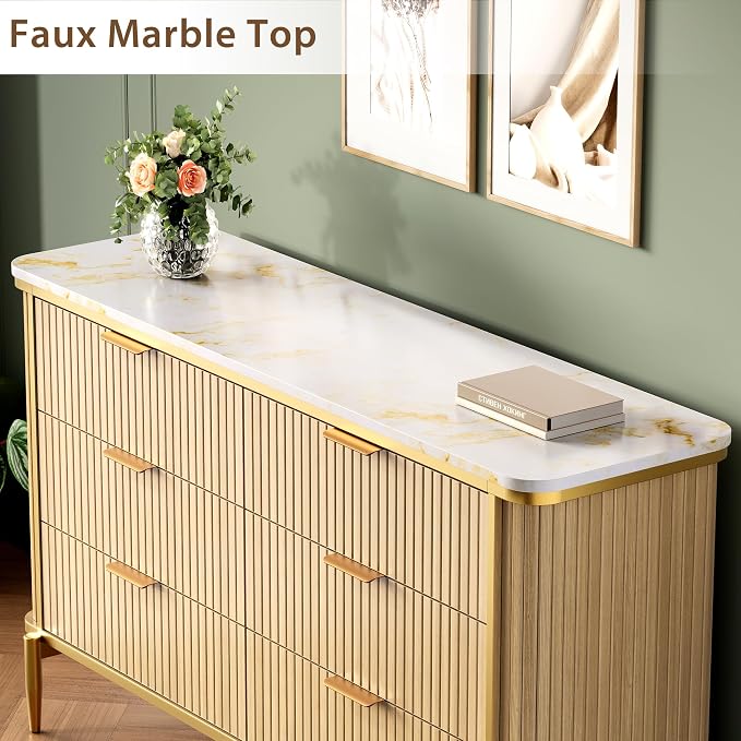 Fluted 6 Drawers Dresser for Bedroom, 55" Wide Modern Vertical Chest with Faux Marble Top, Dresser TV Stand, Wood Drawer Organizer for Living Room, Hallway
