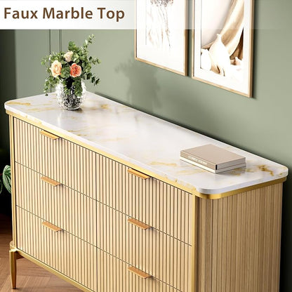 Fluted 6 Drawers Dresser for Bedroom, 55" Wide Modern Vertical Chest with Faux Marble Top, Dresser TV Stand, Wood Drawer Organizer for Living Room, Hallway