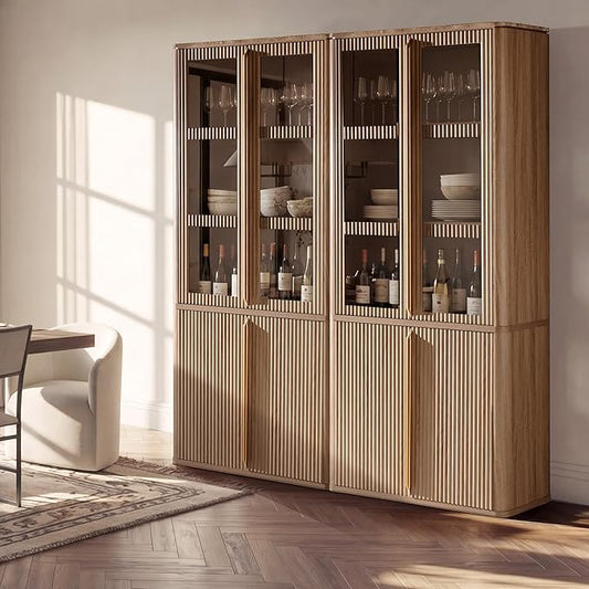 77" Tall Storage Cabinet - Fluted Pantry Cabinets with Glass Doors, Wooden Kitchen Food Cupboard, Adjustable Shelves, Modern Display Storage Closet for Living Room, Dining Room, Office, Oak 2pcs