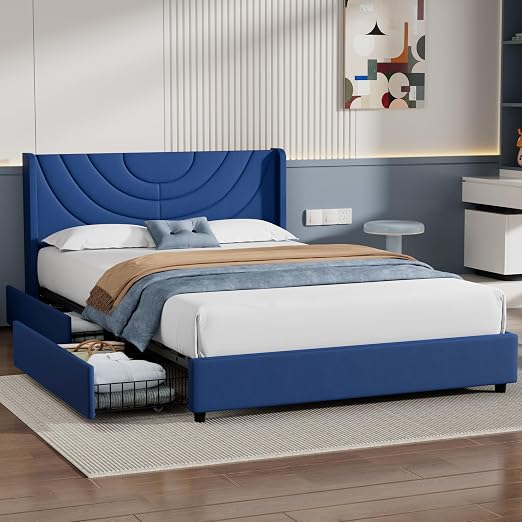 VECELO Full Bed Frame Upholstered Platform with 4 Drawers&Fabric Headboard,Wooden Slats Support/No Box Spring Needed/Mattress Foundation,Dark Blue
