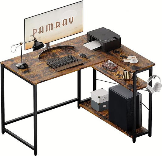 Pamray 43 Inch L Shaped Computer Desk with Reversible Side Storage Shelves, Small Corner Desk for Small Space Home Office,Writing Study Table PC Desk for Bedroom,Vintage
