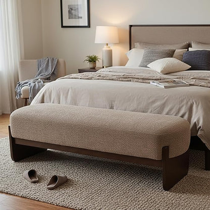 Virubi Elegant Upholstered Loop Yarn Ottoman, Light Brown End of Bed Entryway Benches, Corner Dining Bench Shoe Stool for Indoor Bedroom Living Dining Room (Light Brown)