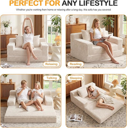 Erament Boneless Loveseat Convertible Sofa Bed, Folding Floor Futon Sleeper Sofa Couch Bed- Boneless Foldable Couch, Furry Pull Out Sofa Bed with 2 Pillows for Living Room & Bedroom