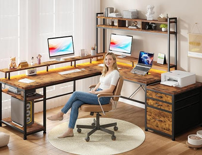 EnHomee 104" L Shaped Desk, 4 Layout Convertible RGB Lights & Monitor Stand | 4-layout l shaped home workstation, 64–104“expandable, charging ports, dual mounts & storage for remote workers, designers