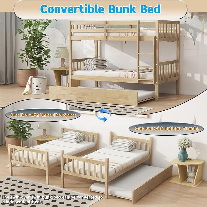 Harper & Bright Designs Convertible Wood Twin-Over-Twin Bunk Bed with Trundle and Ladder - Can Be Divided Into Two Platform Beds, White Oak