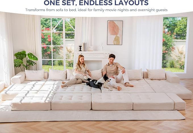 MAXYOYO Modular Sectional Sofa Couch, Foldable Oversized U Shaped Cloud Couch with Pillows, Tufted Boneless Lounger Floor Sofa Bed for Living Room, No Assembly Required, Beige