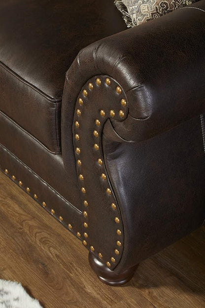 Leinster Faux Leather Sofa with Antique Bronze Nailheads in Espresso
