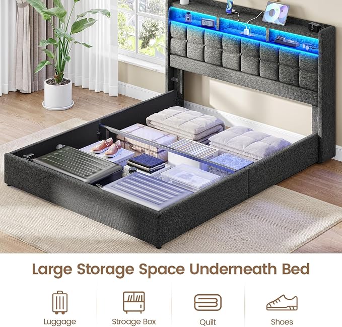 Driftalia Lift Up King Size Bed Frame with Storage, Upholstered King Bed Frame with Charging Station and LED Lights Headboard, No Box Spring Needed, Easy Assembly - Dark Grey