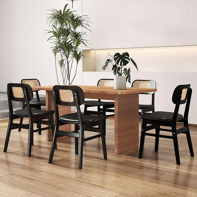 ROCITY Black Dining Chairs Set of 6 Faux Leather Dining Room Chairs with Rattan Back Farmhouse Kitchen Chairs Wooden Side Chairs