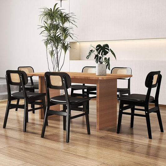 ROCITY Black Dining Chairs Set of 6 Faux Leather Dining Room Chairs with Rattan Back Farmhouse Kitchen Chairs Wooden Side Chairs