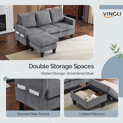 VINGLI 68.5' L Shaped Couch with Movable Storage Ottoman, Convertible Sectional Sofa in Soft Corduroy Fabric, Modern Reversible Chaise Couch for Small Spaces, Apartment, Living Room，Grey